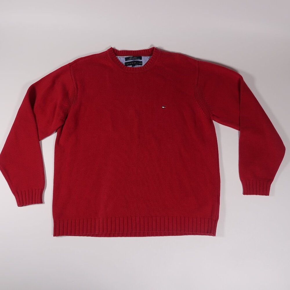 Tommy Hilfiger Men's Large Red 100% Cotton Knit Crewneck Sweater Flag Logo